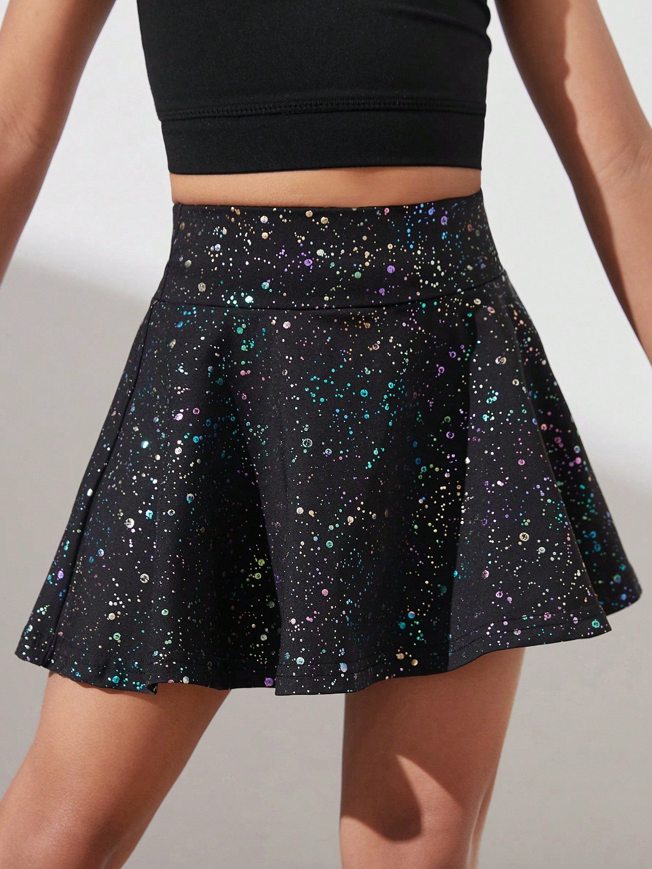 Young Girl Sporty Yoga/Dance Skirt, Comfortable And Stretchy, Starry Sky Printed, Black