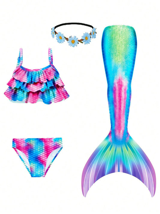 Mermaid Tails For Swimming 4Pcs Girls Swimsuits Princess Bikini Bathing Suit Set For Tween Girls, Children, Beach Outfit Summer Vacation