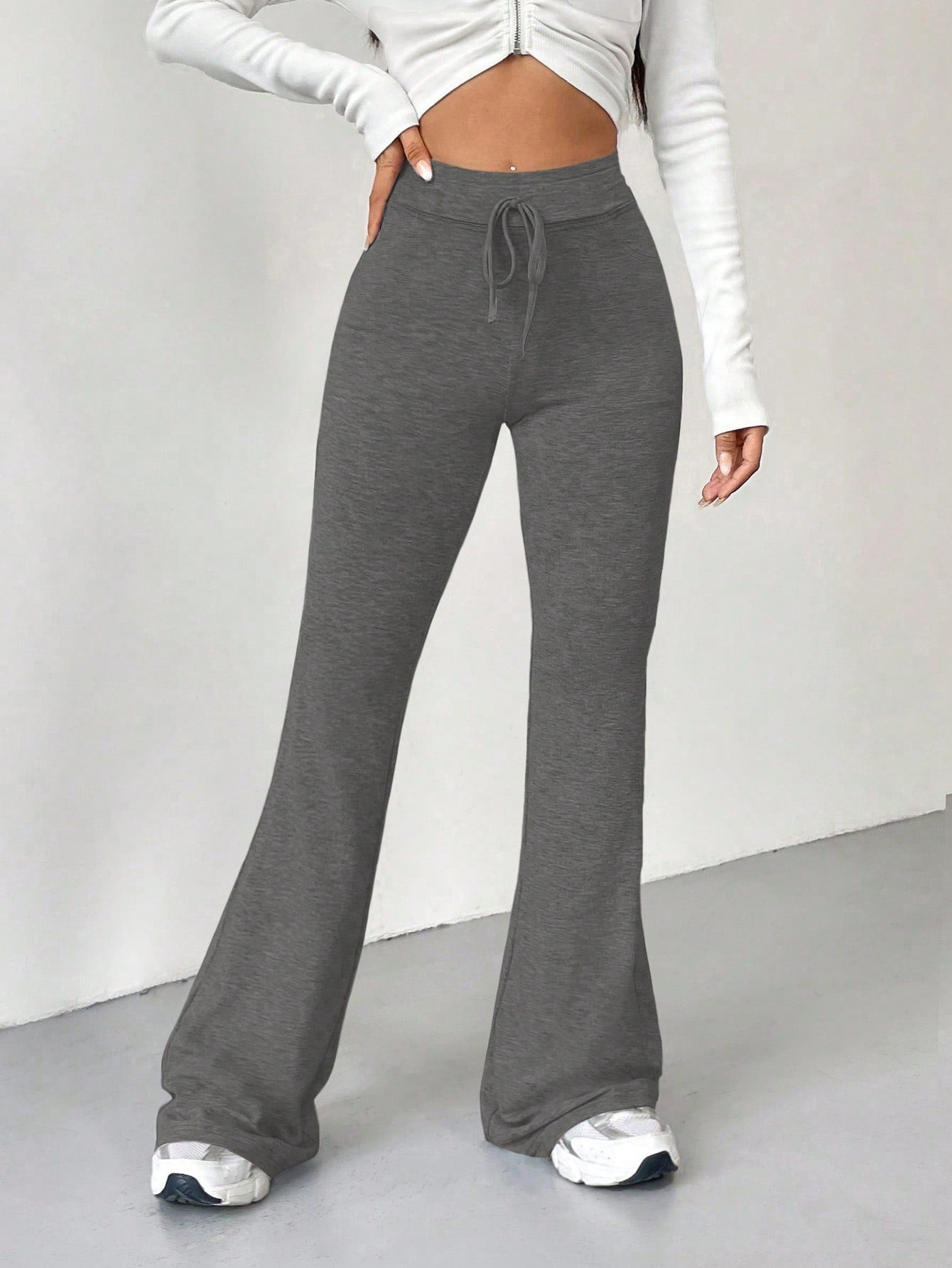 Retro Style Grey Tie Waist Flare Leg Sweatpants