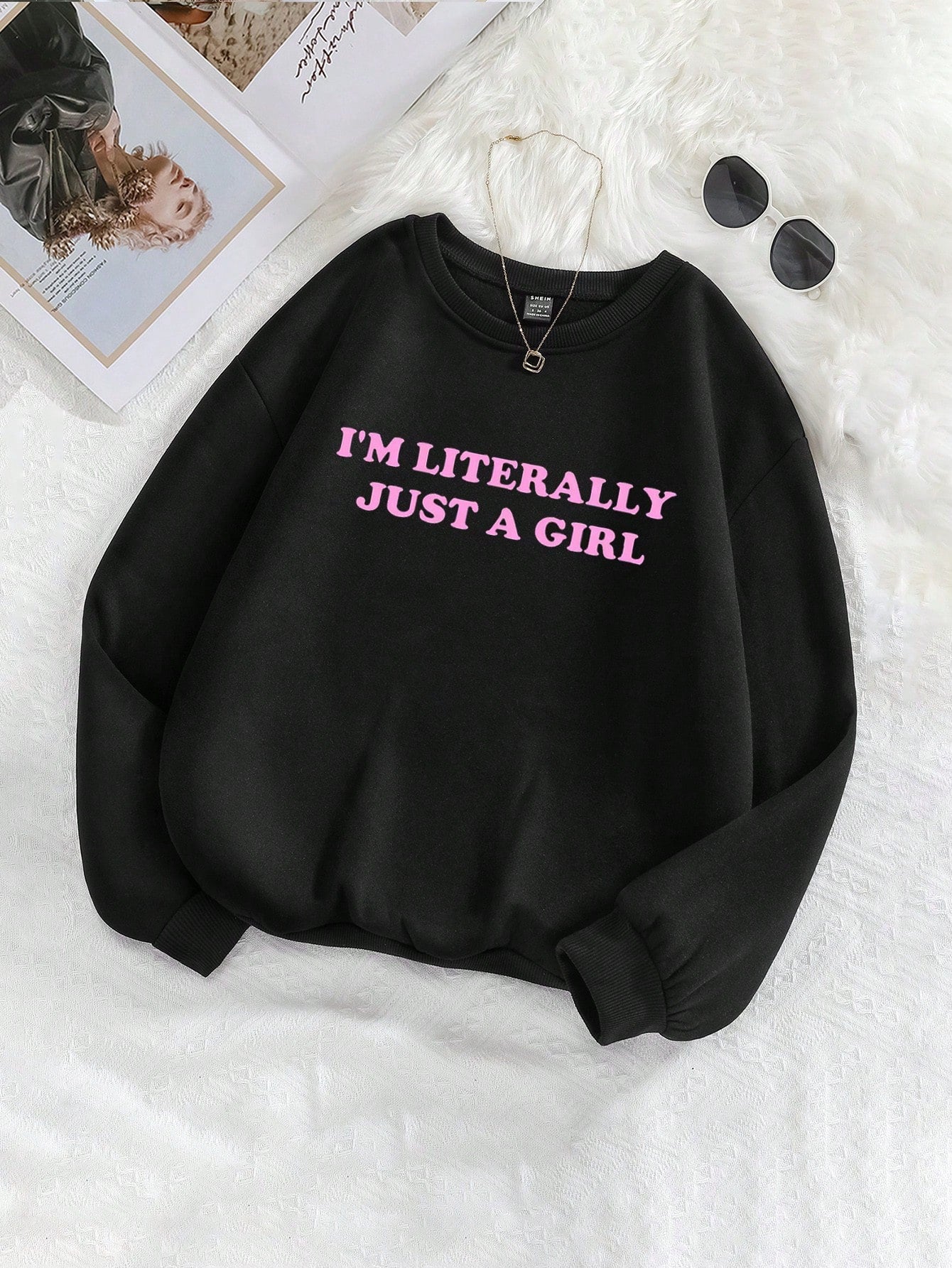 Women Spring And Autumn Loose-Fit Printed Sweatshirt With Slogan, Round Neck And Long Sleeves Made Of Brushed Fabric I'M LITERALLY JUST A GIRL