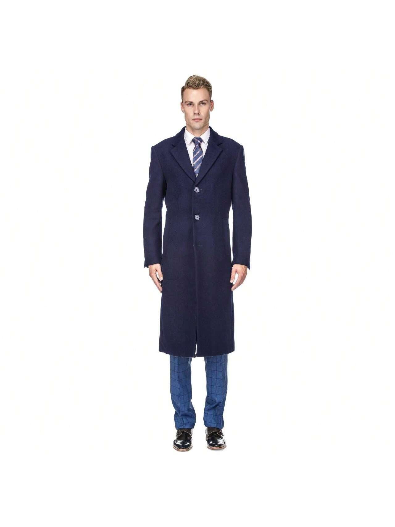 Men's Knee Length Wool Blend Three Button Long Jacket Overcoat Top Coat