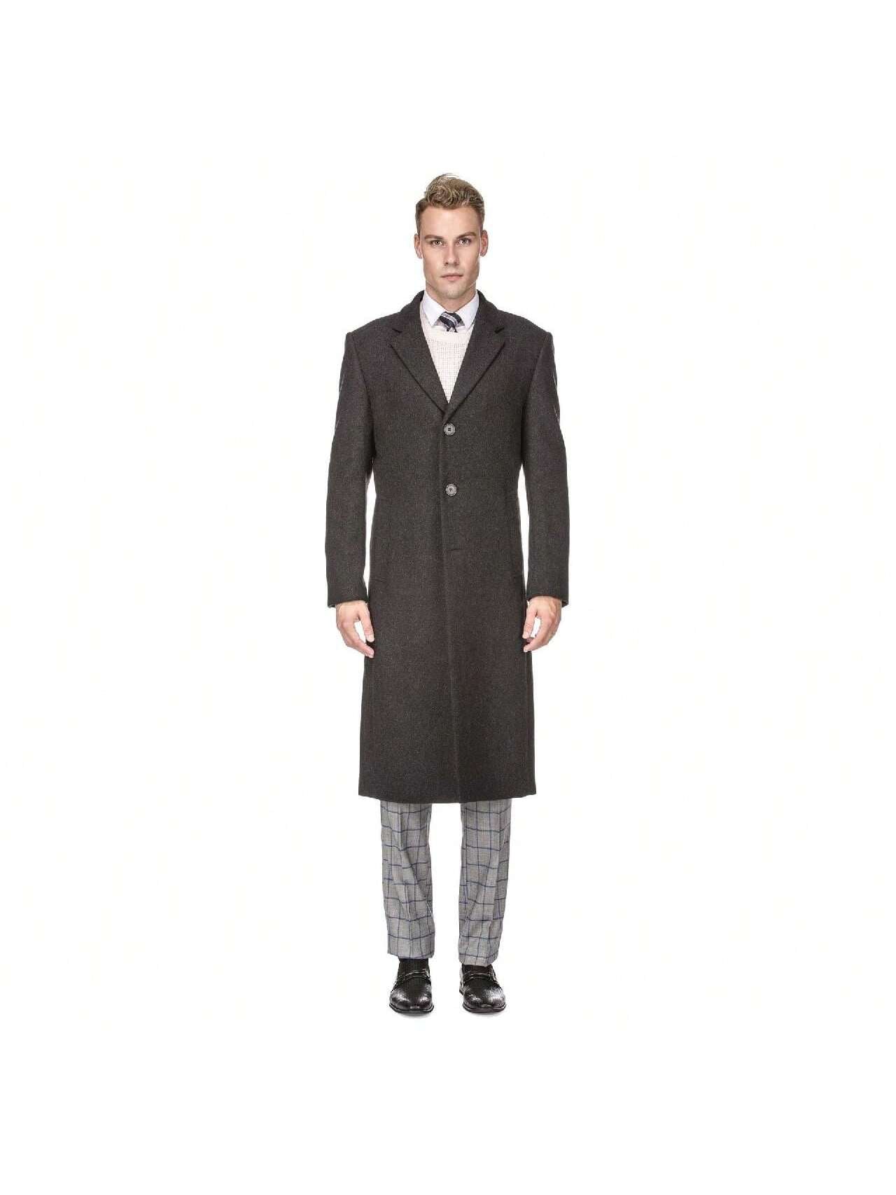 Men's Knee Length Wool Blend Three Button Long Jacket Overcoat Top Coat