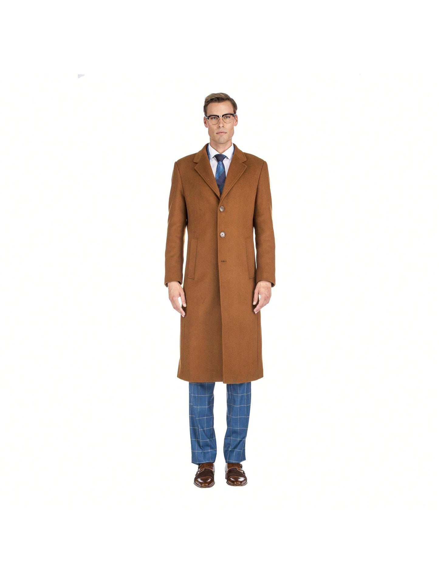 Men's Knee Length Wool Blend Three Button Long Jacket Overcoat Top Coat