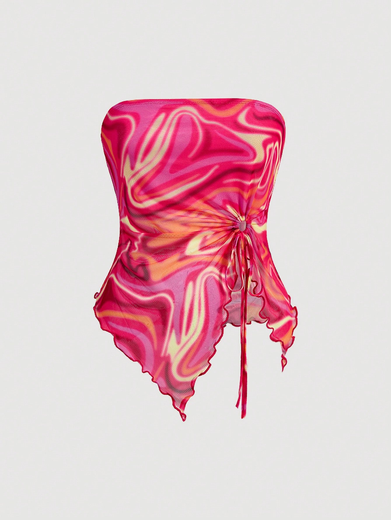 Plus Size Marble Water Ripple Print Strapless, Split Hem With Drawstring, Summer Pink Tube Top