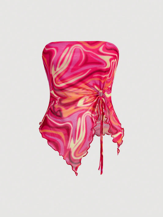 Plus Size Marble Water Ripple Print Strapless, Split Hem With Drawstring, Summer Pink Tube Top