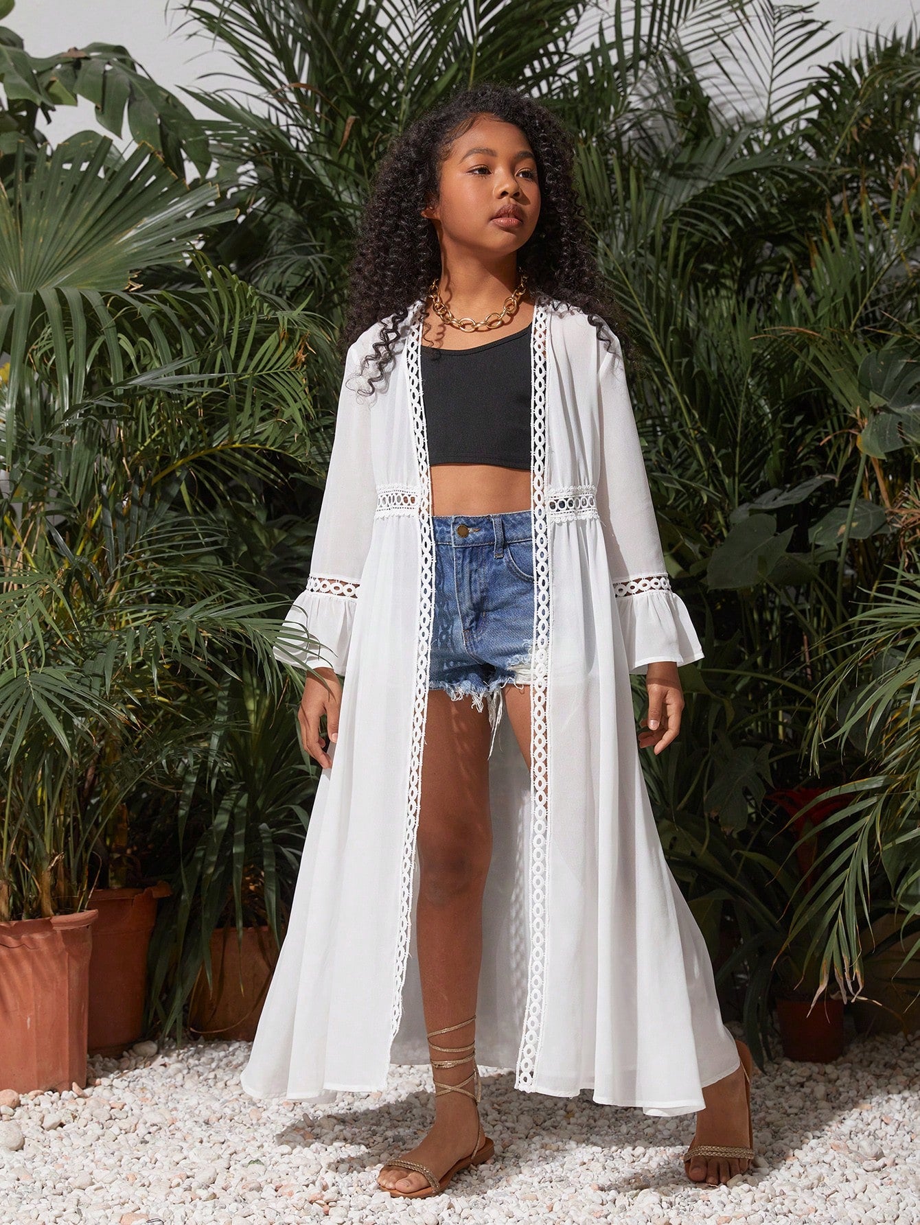 Tween Girl Knitted Long Cardigan With Lace Trim, Spring/Summer Casual Vacation Outfit