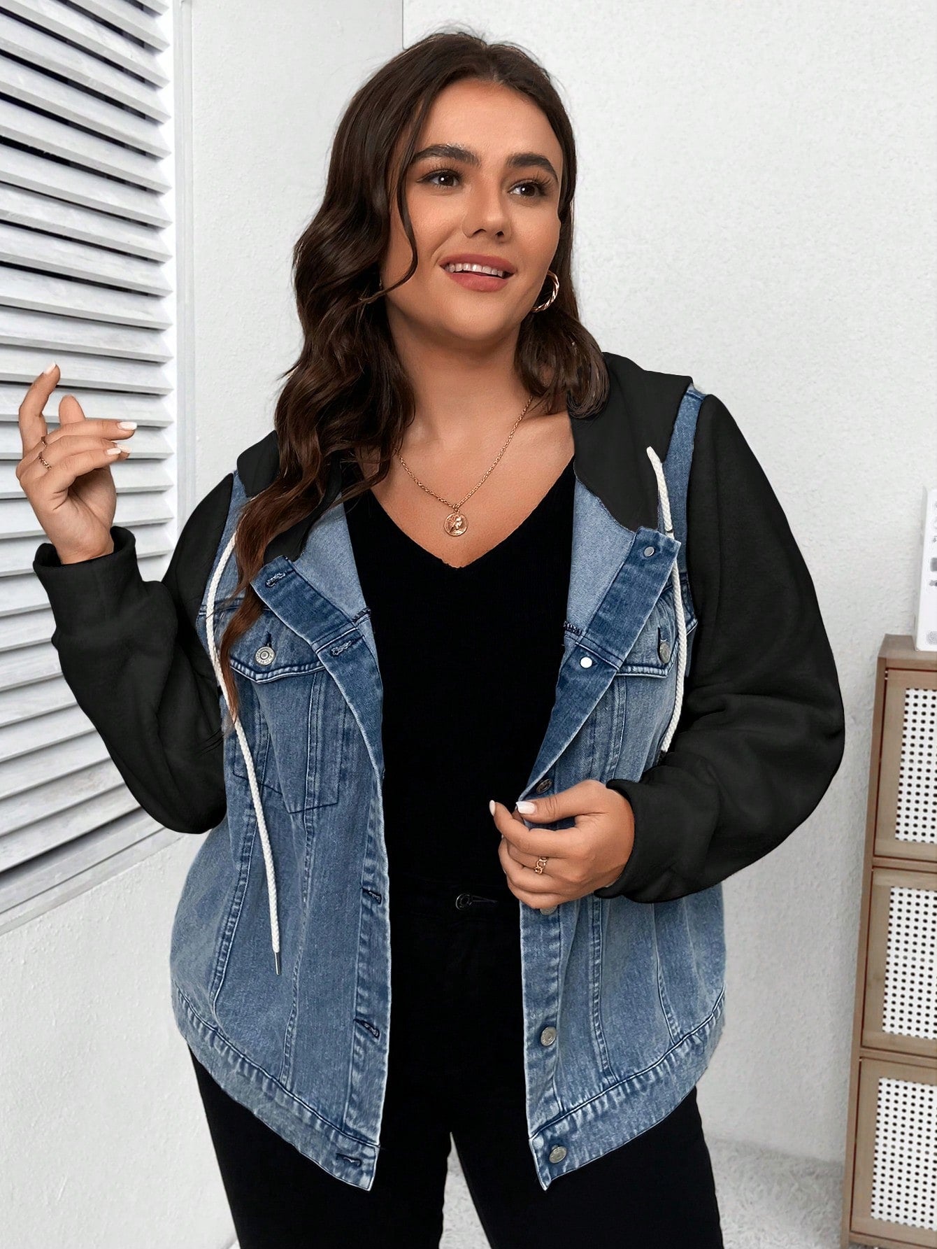 Plus Size Two Tone Denim Jacket With Hood