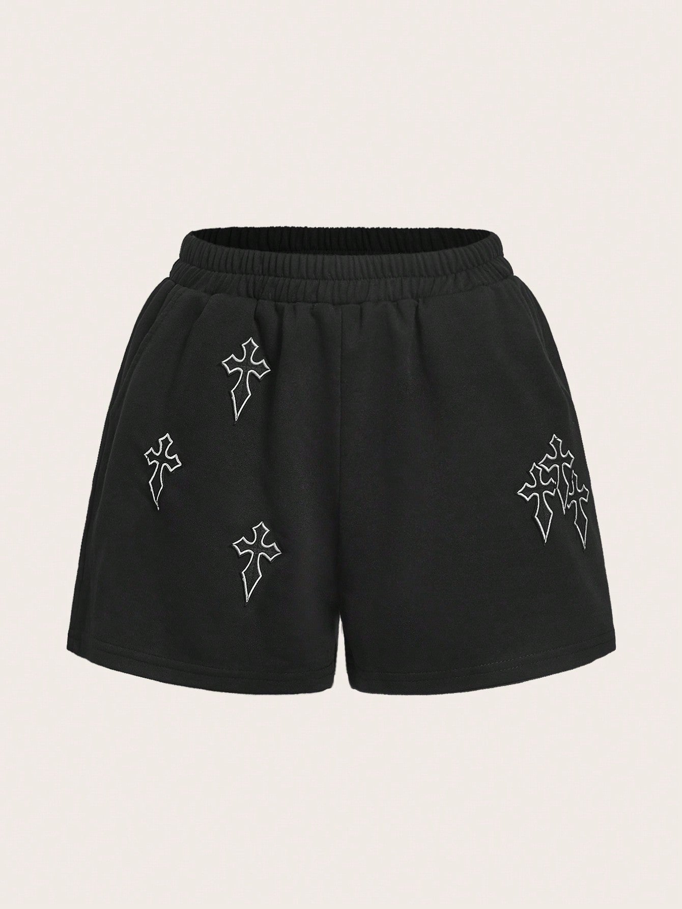 Casual & Cute Elastic Waist Cross Patch Solid Color Ladies' Shorts For Daily Wear And Work Commute