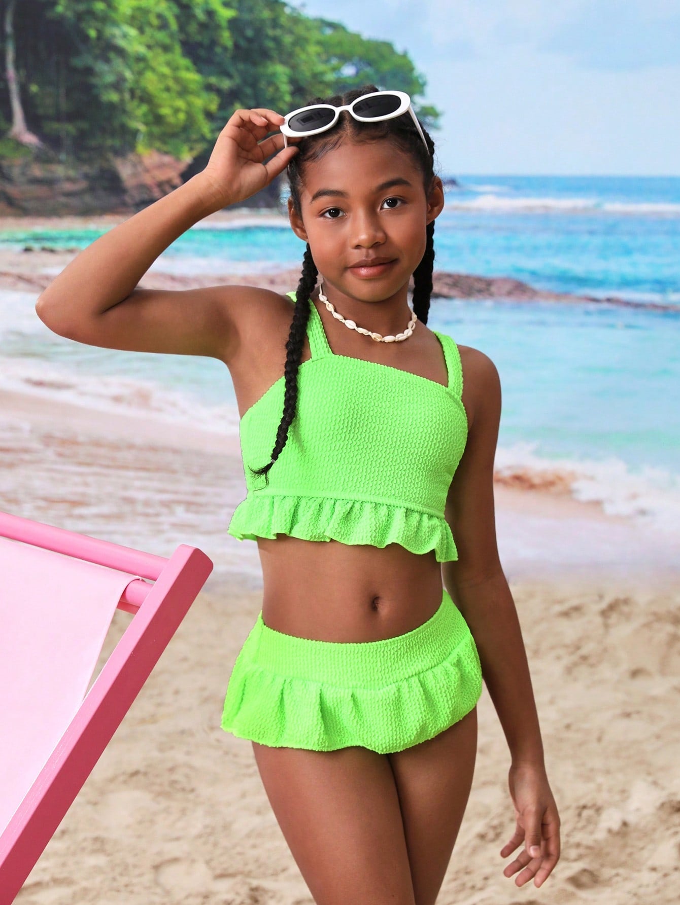 Tween Girl Ruffled Hem Halter Neck Bikini Top With Vest For Beach