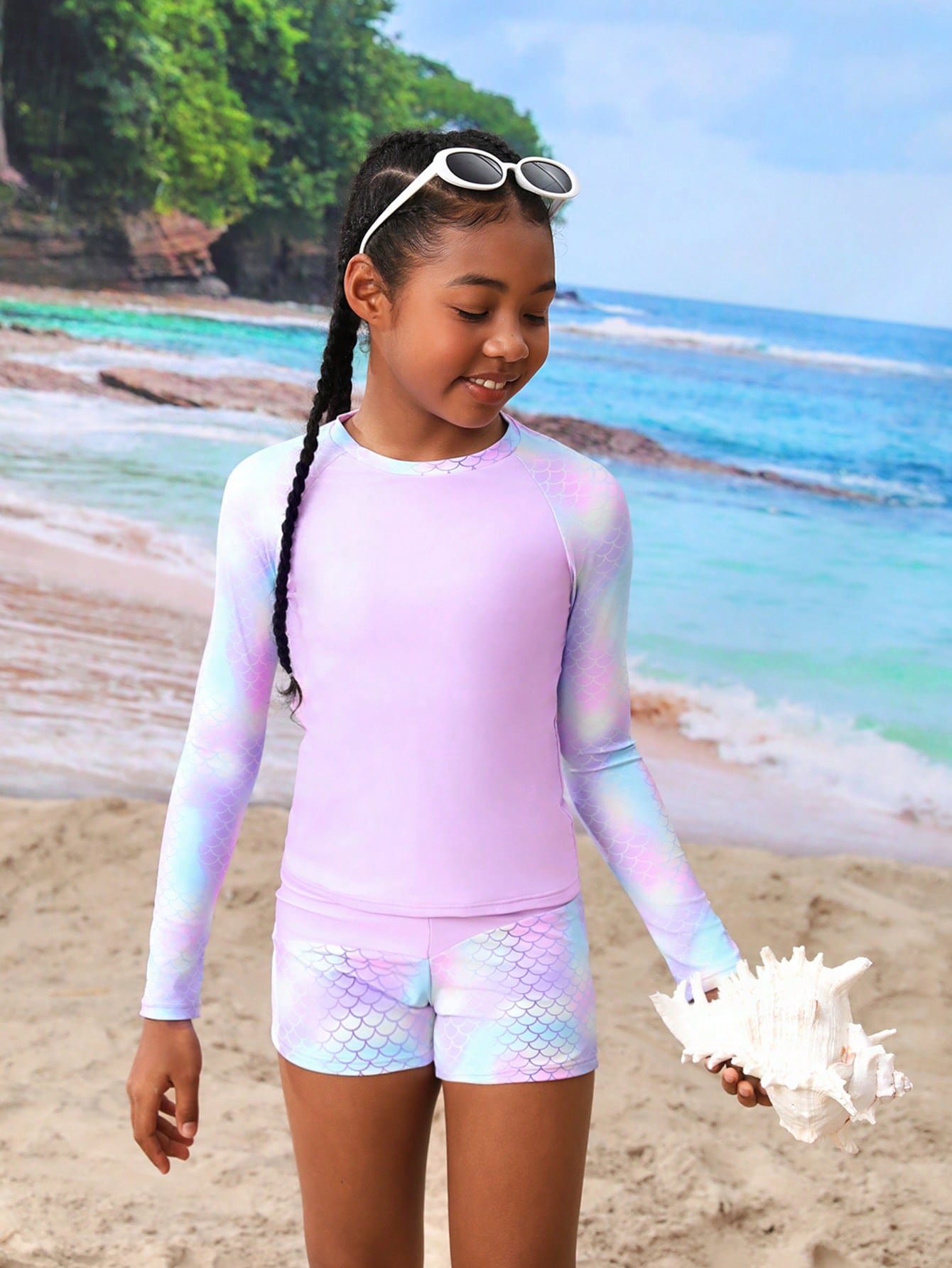 Tween Girl Beach Resort Pool Fish Scale Print Splice Long Sleeve Shorts Tankini Set