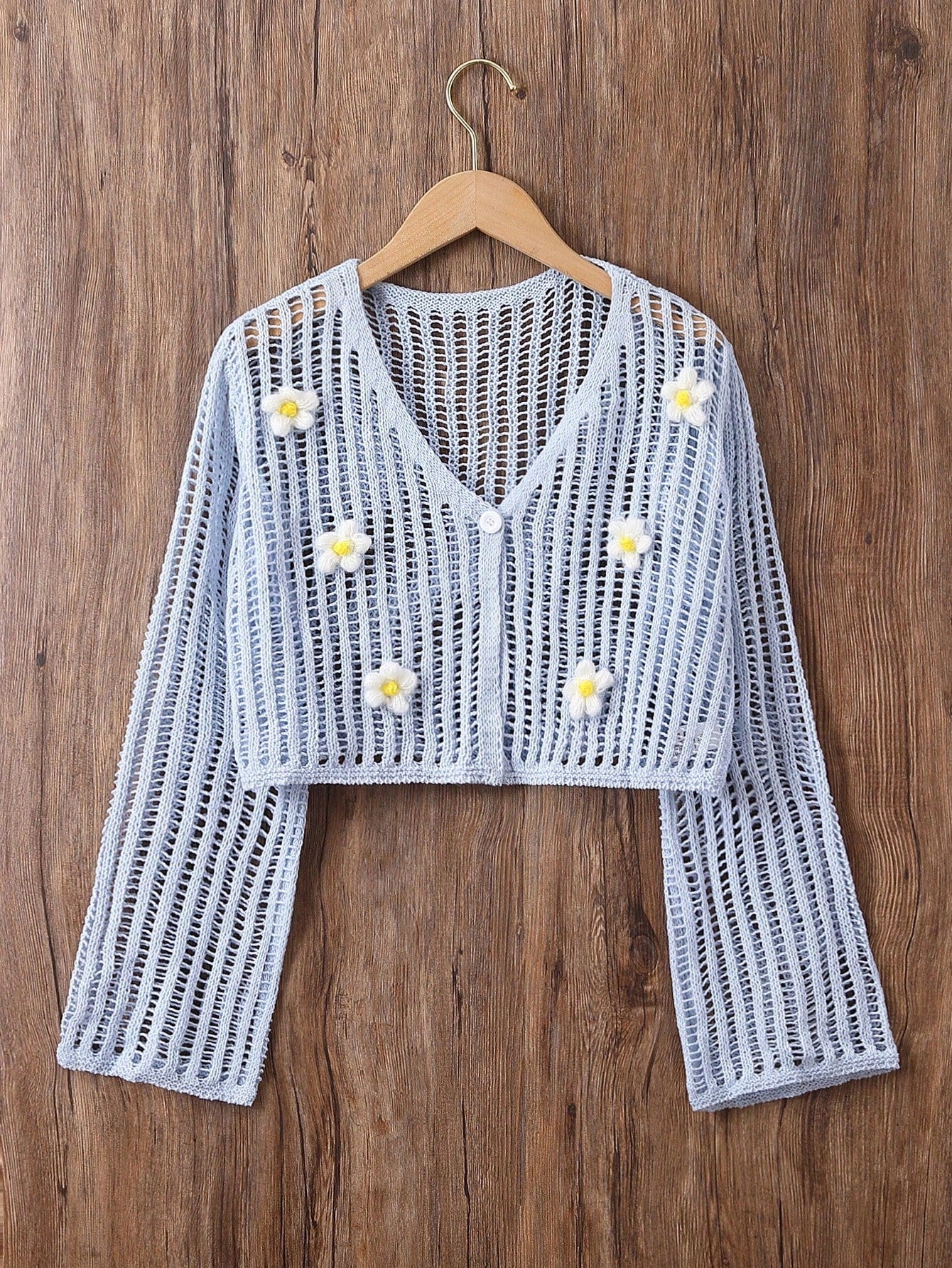 Teen Girl 3d Flower Decoration Hollow Out Knitted Cardigan