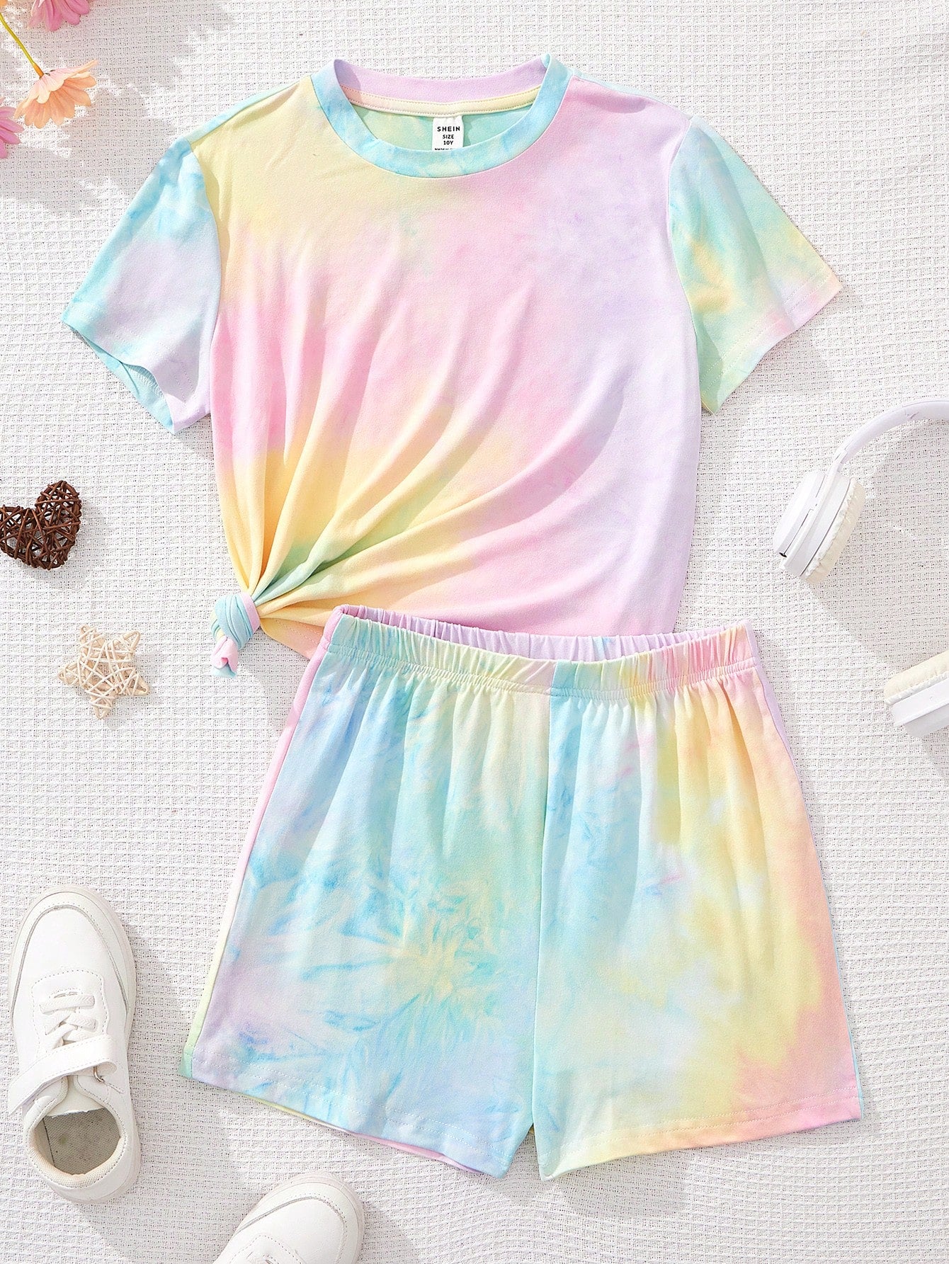 Tween Girl's Casual Tie-Dye Pattern Short Sleeve T-Shirt And Shorts Set For Summer