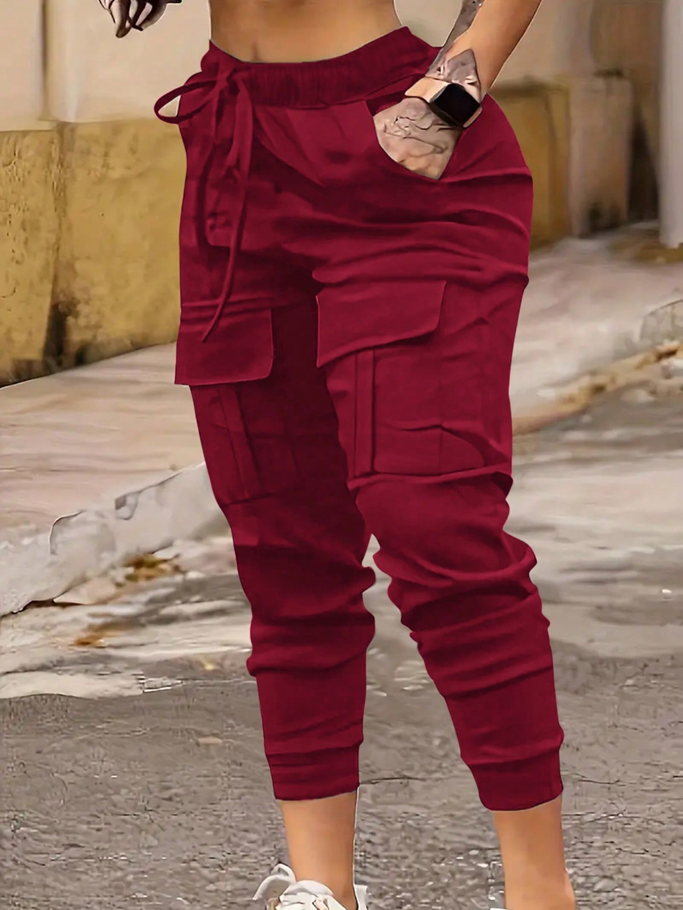 Plus Size Solid Color High Waist Cuffed Cargo Pants