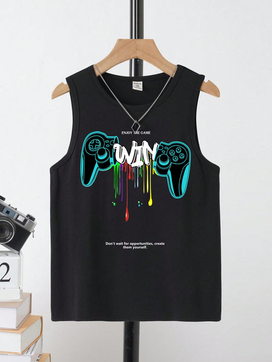 Tween Boy Casual Simple Gamepad Printed Round Neck Tank Top Suitable For Summer