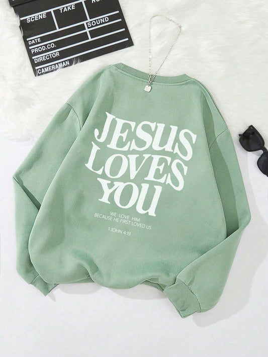 Plus Size Fleece Pullover With Slogan Print JESUS LOVES YOU WE LOVE HIM BECAUSE HE FIRST LOVED US 1 JOHN 4:19