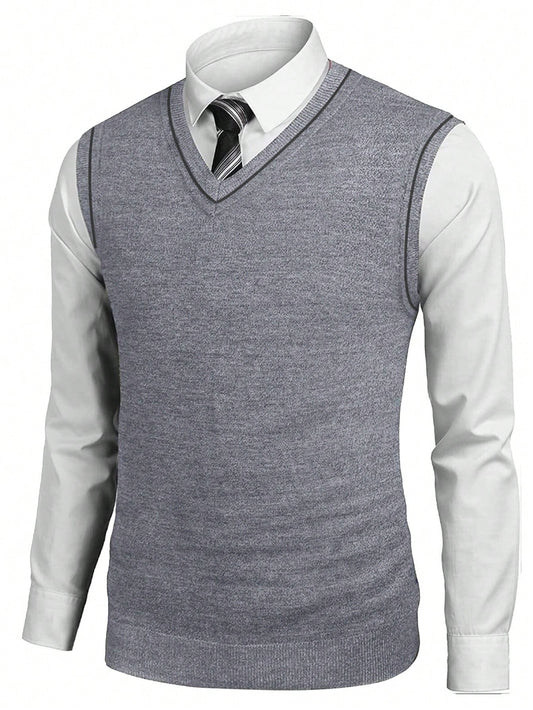 Men's Knitted Sleeveless Sweater With Contrast V-Neck Edge