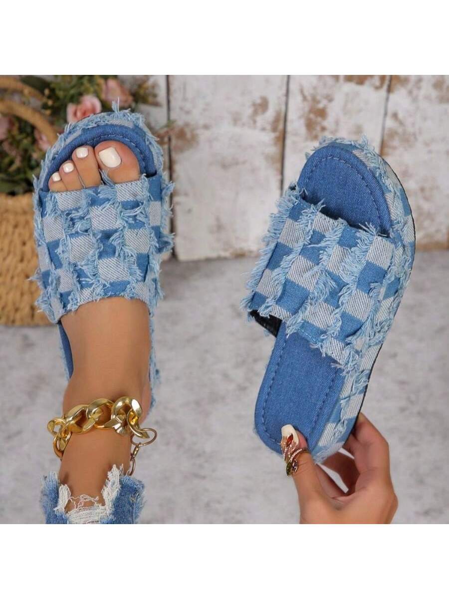 Women's Peep Toe Thick-Soled Color-Block Sandals, New Summer Casual And Comfortable Slip-On Outdoor Vacation Style, Blue Slippers