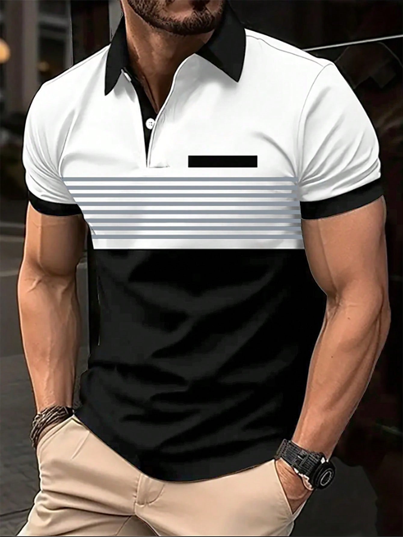 Men's Color Block Striped Polo Shirt