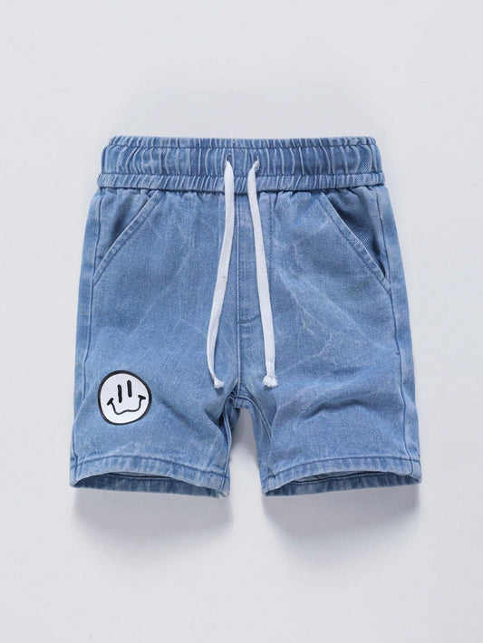 Young Boys' Face Pattern Drawstring Waist Denim Shorts