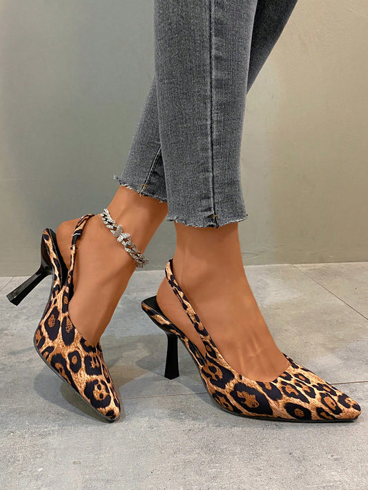 Women's Leopard Print Kitten Heel Shoes With Elastic Band, Versatile Stiletto High Heels