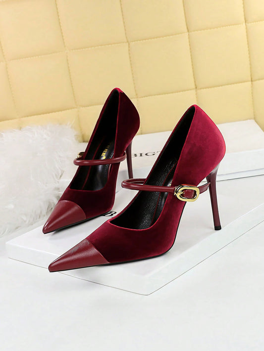 Party High Heels Thin Heels Shallow Mouth Pointed Suede & Metallic Buckle Detail Single Strap Women's Shoes