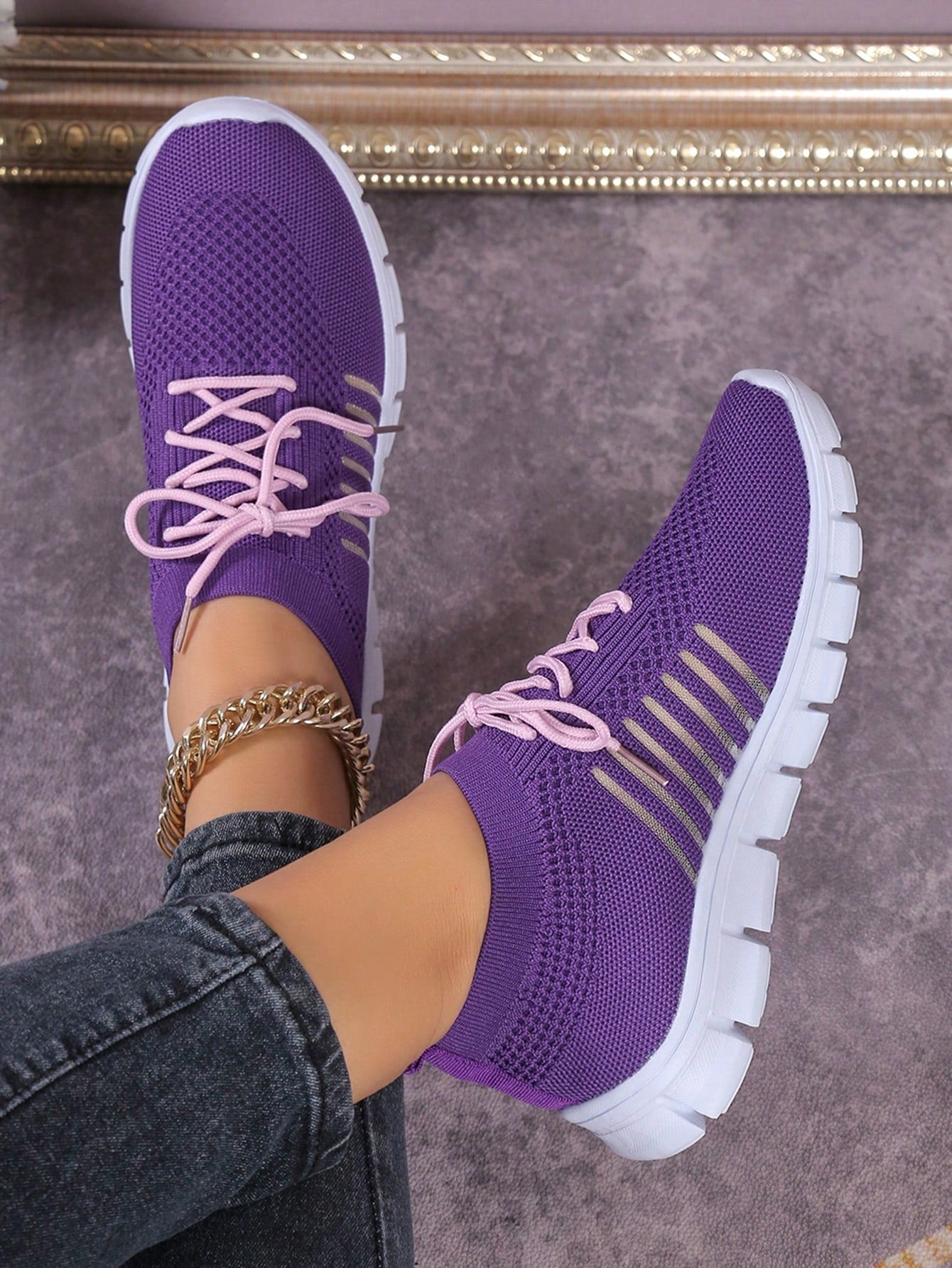 Women's Sporty Striped Pattern Knit Detail Slip On Running Shoes, Light Purple Sport Shoes