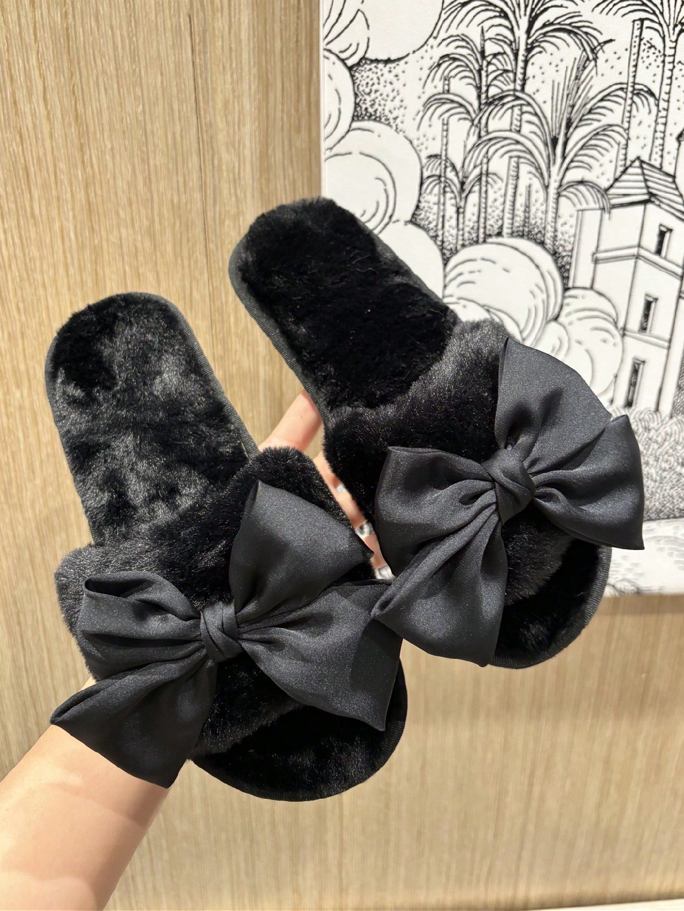 Women Elegant Velvet Red Bowknot Flat Plush Slippers, Perfect For Valentine's Day Party And Home