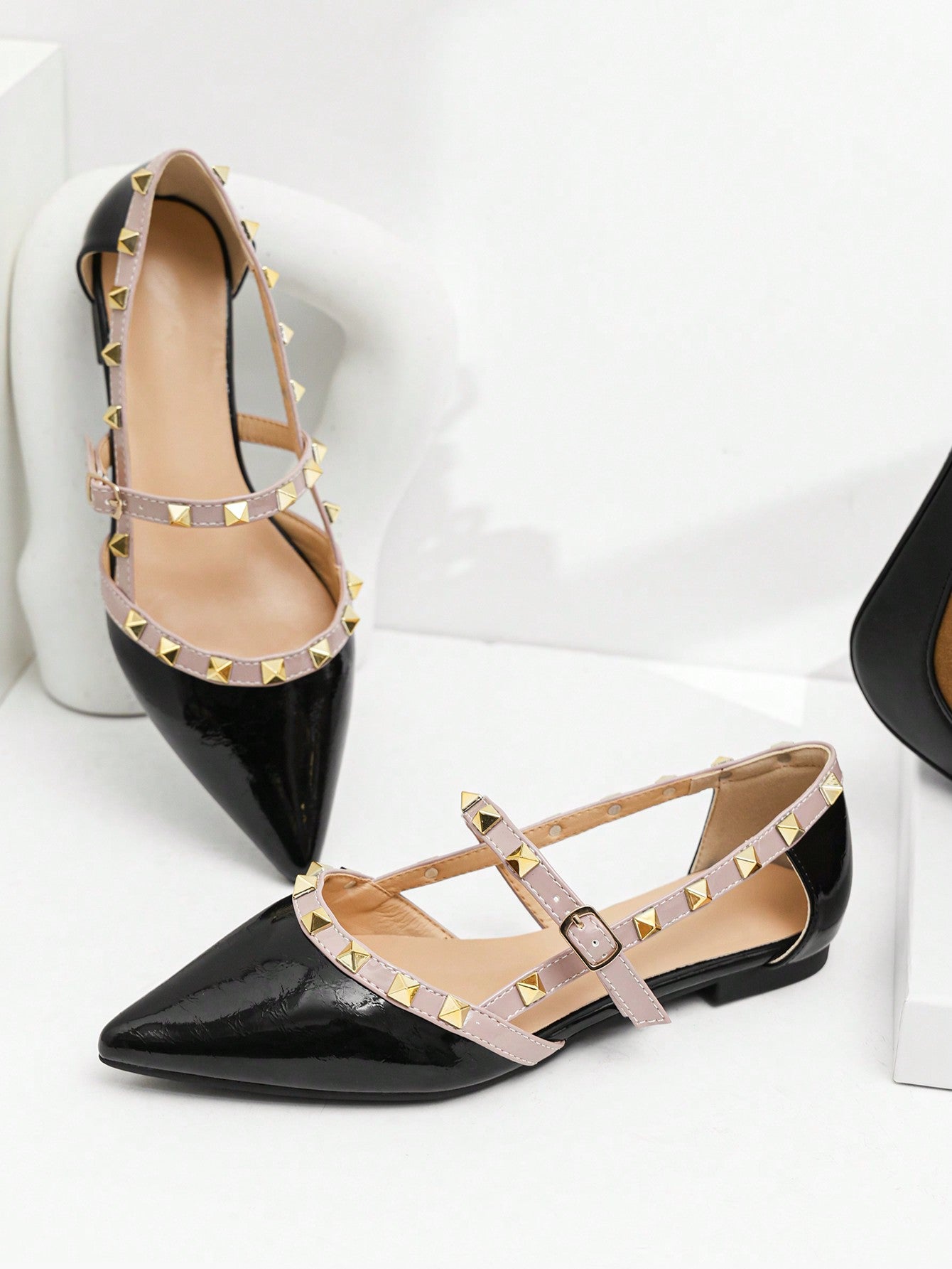 Studded Decor Point Toe Mary Jane Flats, Apricot Color Fashionable Studded Solid Color Women's Flat Shoes