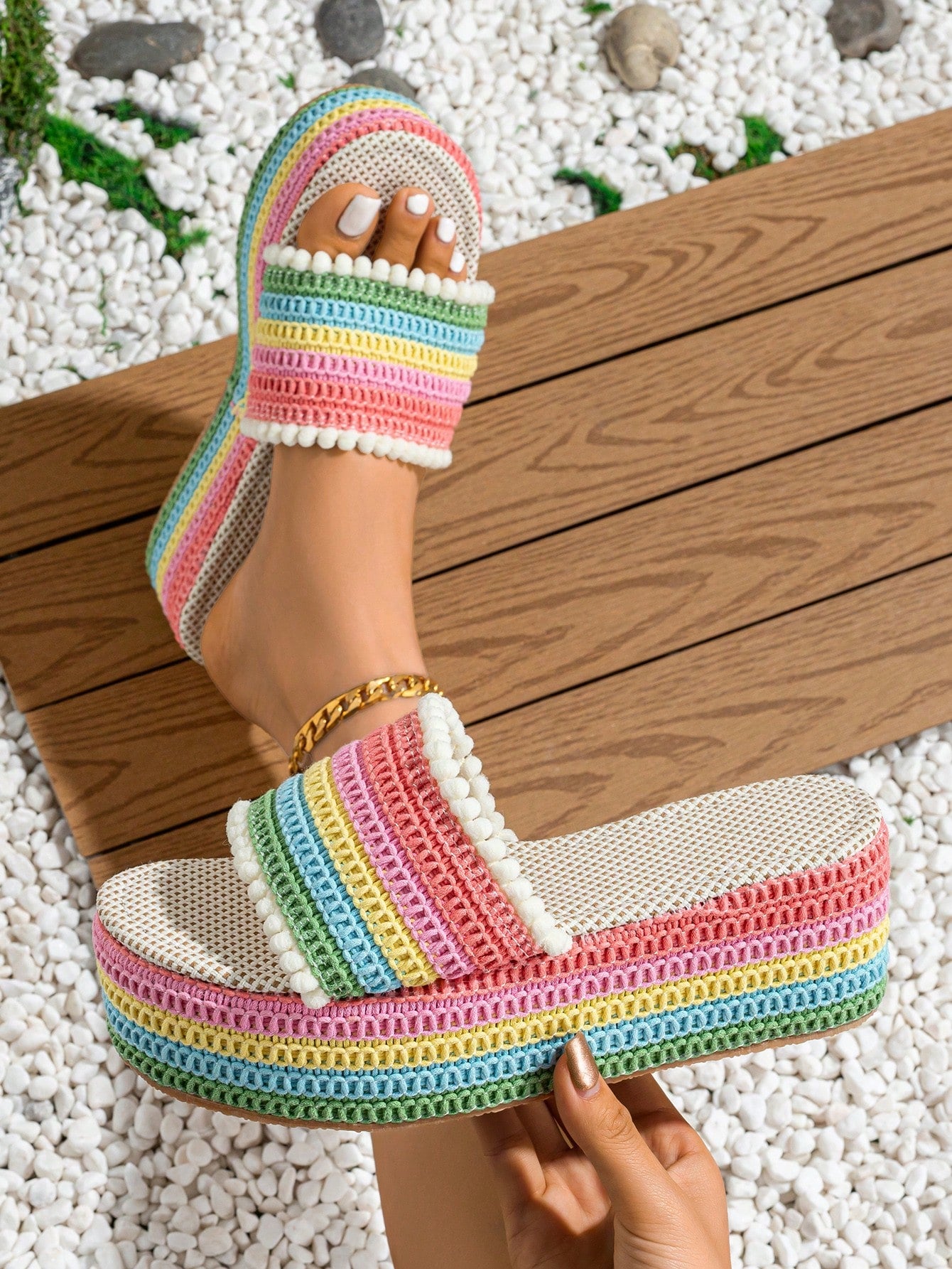 Women's Fashionable Colorful Grid Patterned Sandals With Colored Wedge, Thick Sole, Fuzzy Ball Detail And Ankle Strap