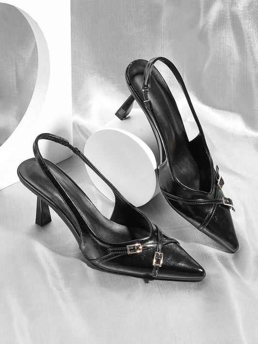 Black Patent Leather Cross Strap Pointed Toe Stiletto Heels With Buckle For Wedding Party