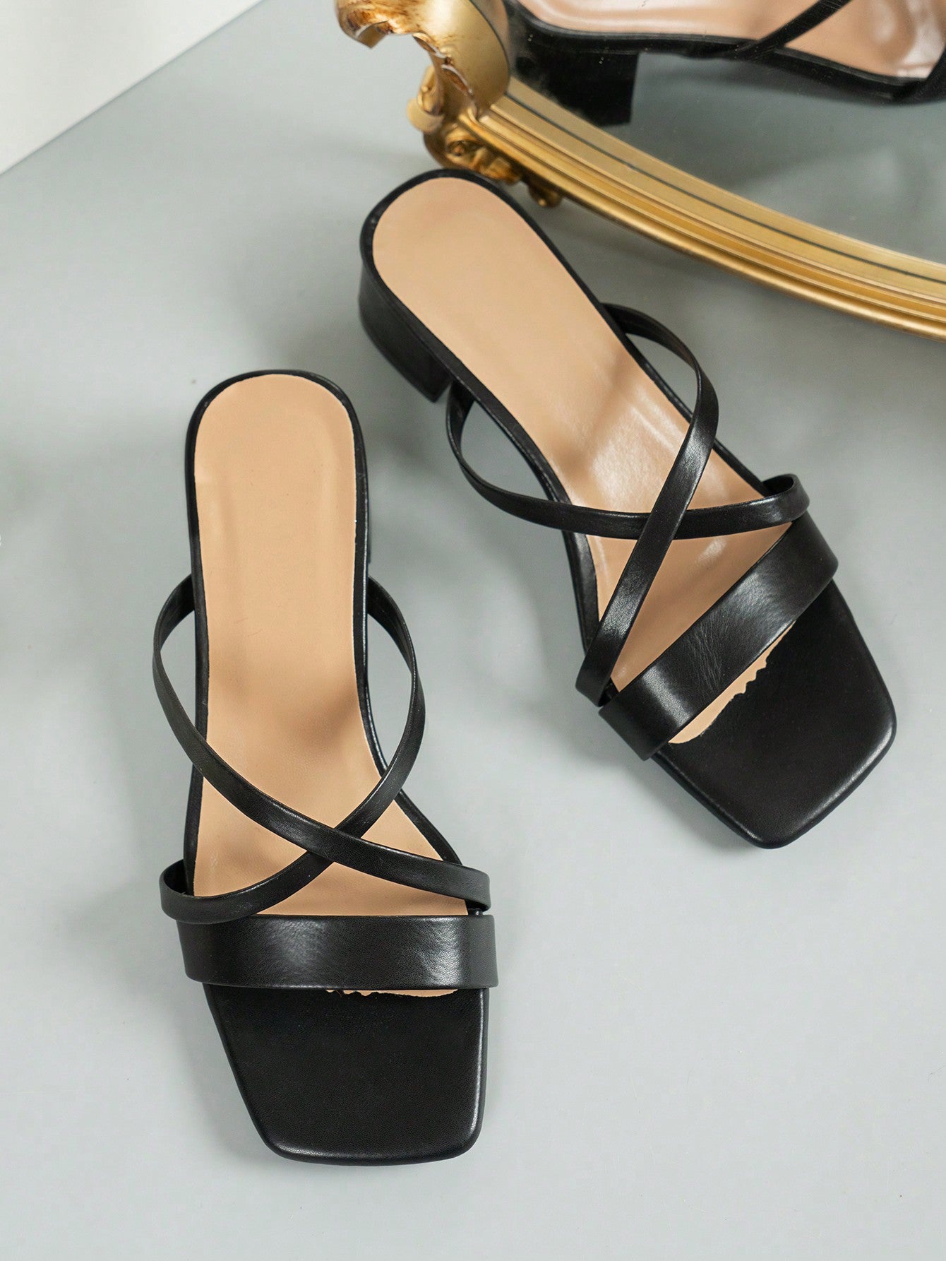 Women's Black Pu Leather High-Heel Mules Sandals With Peep Toe, Chunky Heel, Straps And Elegant Design