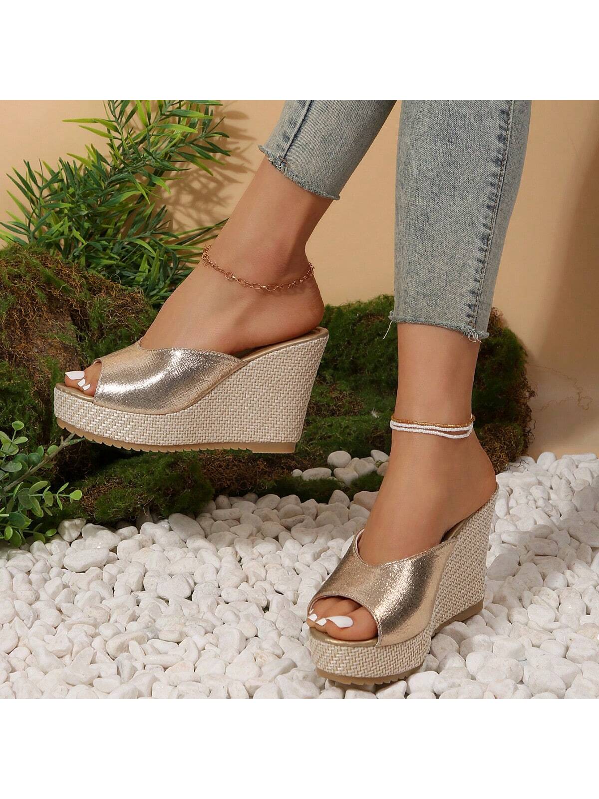 2024 Summer New Style Women's Peep-Toe High Heel Sandals-10cm Wedge Platform Woven Straw Open Toe Slipper, Versatile