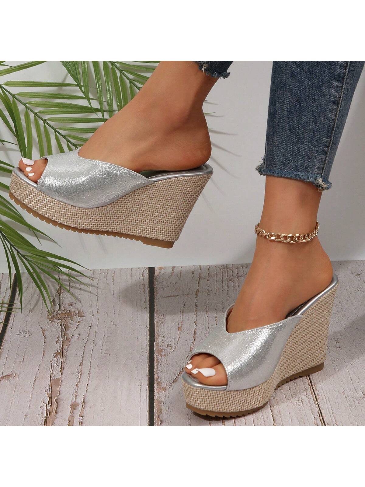 2024 Summer New Style Women's Peep-Toe High Heel Sandals-10cm Wedge Platform Woven Straw Open Toe Slipper, Versatile