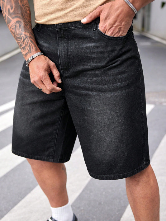 Men's Plus Size Black Zipper Fly Loose-Fit Denim Shorts For Casual Wear