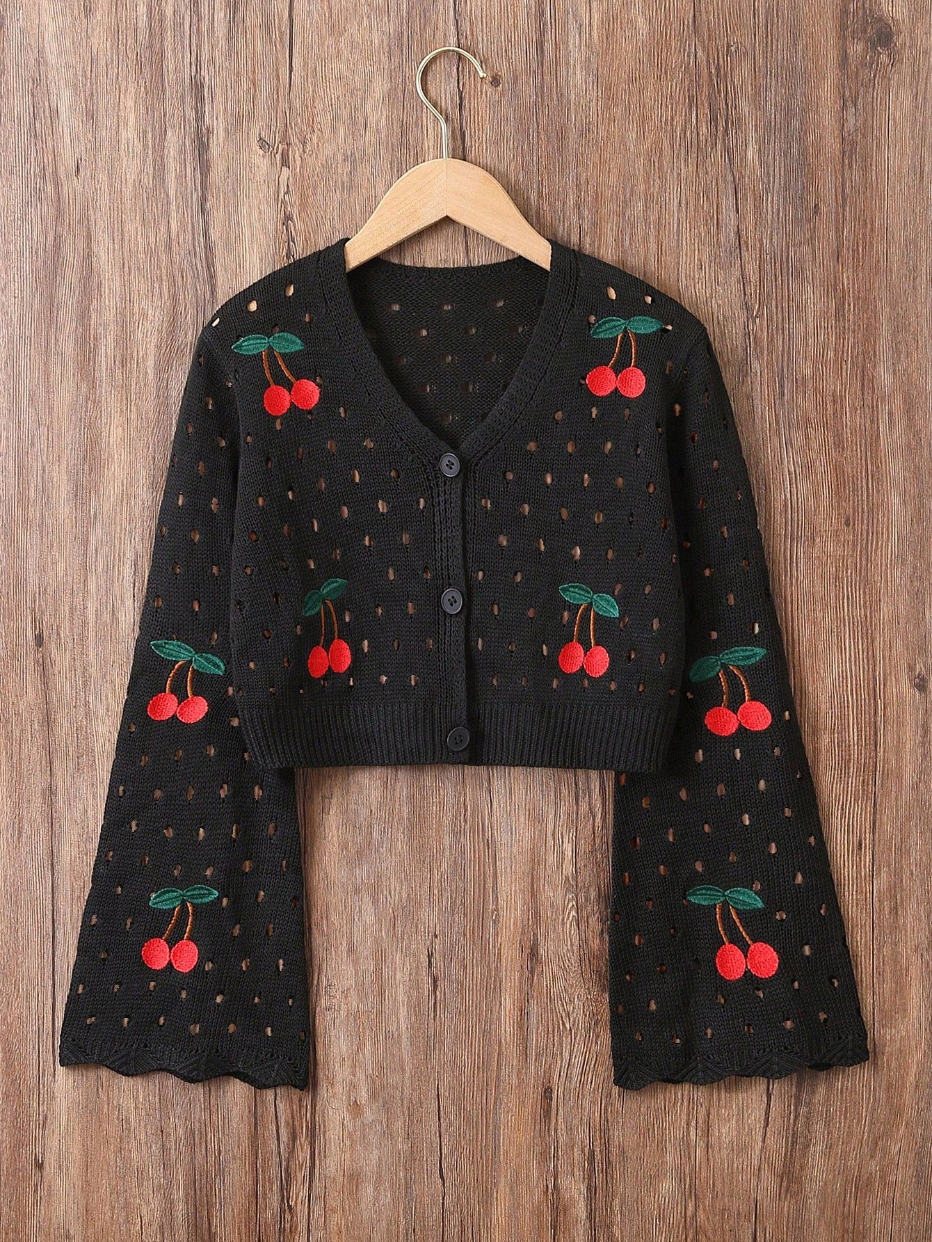 Teen Girl Cherry Embroidery Hollow Knitted Cardigan