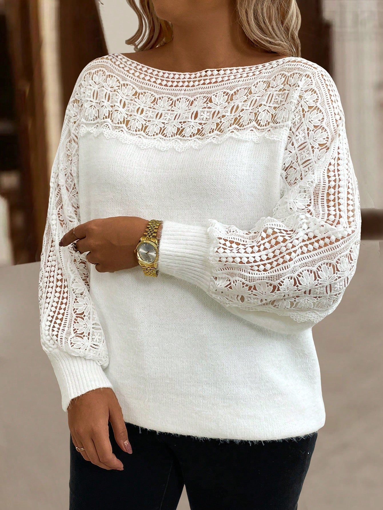 Lace Splicing Plus Size Sweater Pullover