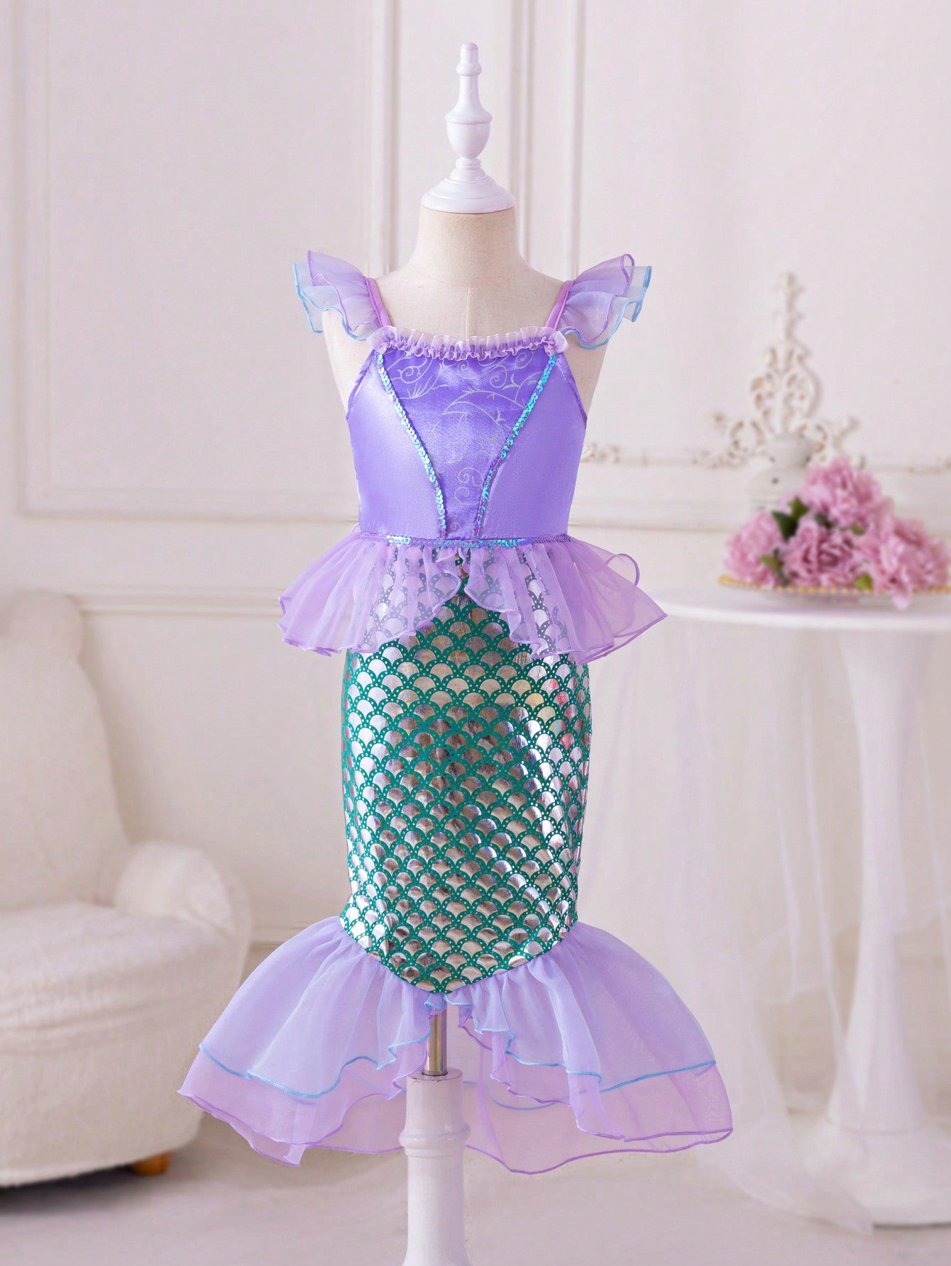 Blossomsprite Kids Young Girls'  Gorgeous Mermaid Shaped Mesh Skirt Princess Dress For Stage Performance & Cosplay