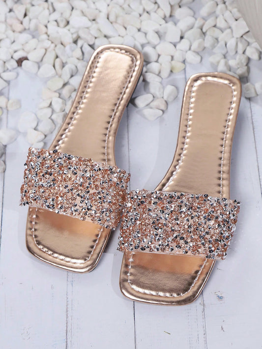 Teenagers' Korean Style New Fashion Anti-Slip & Wear Resistant Rhinestone Embellished One-Belt Open-Toe Slipper Suitable For Outdoor, Beach, Vacation In Summer