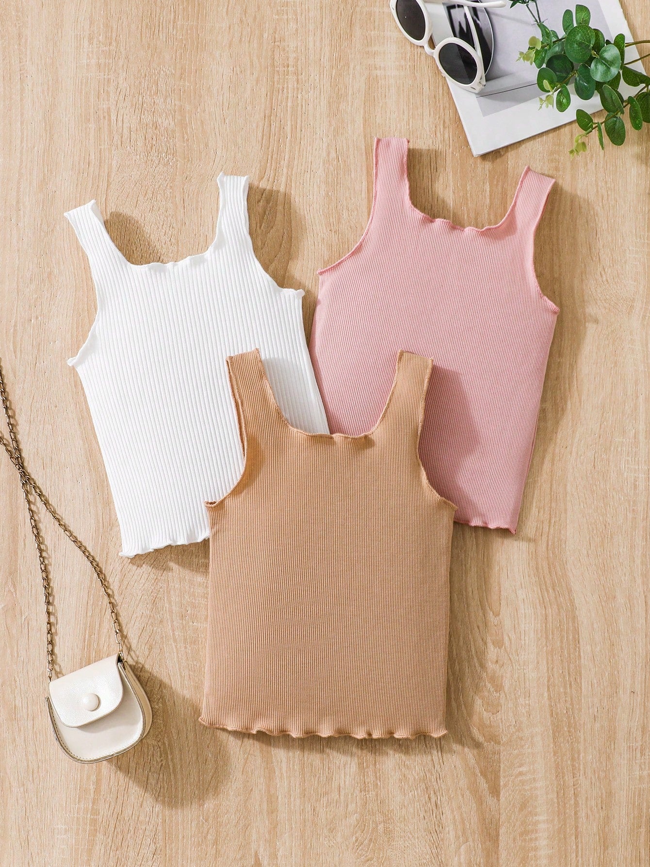 Young Girl 3pcs Lettuce Trim Tank Top