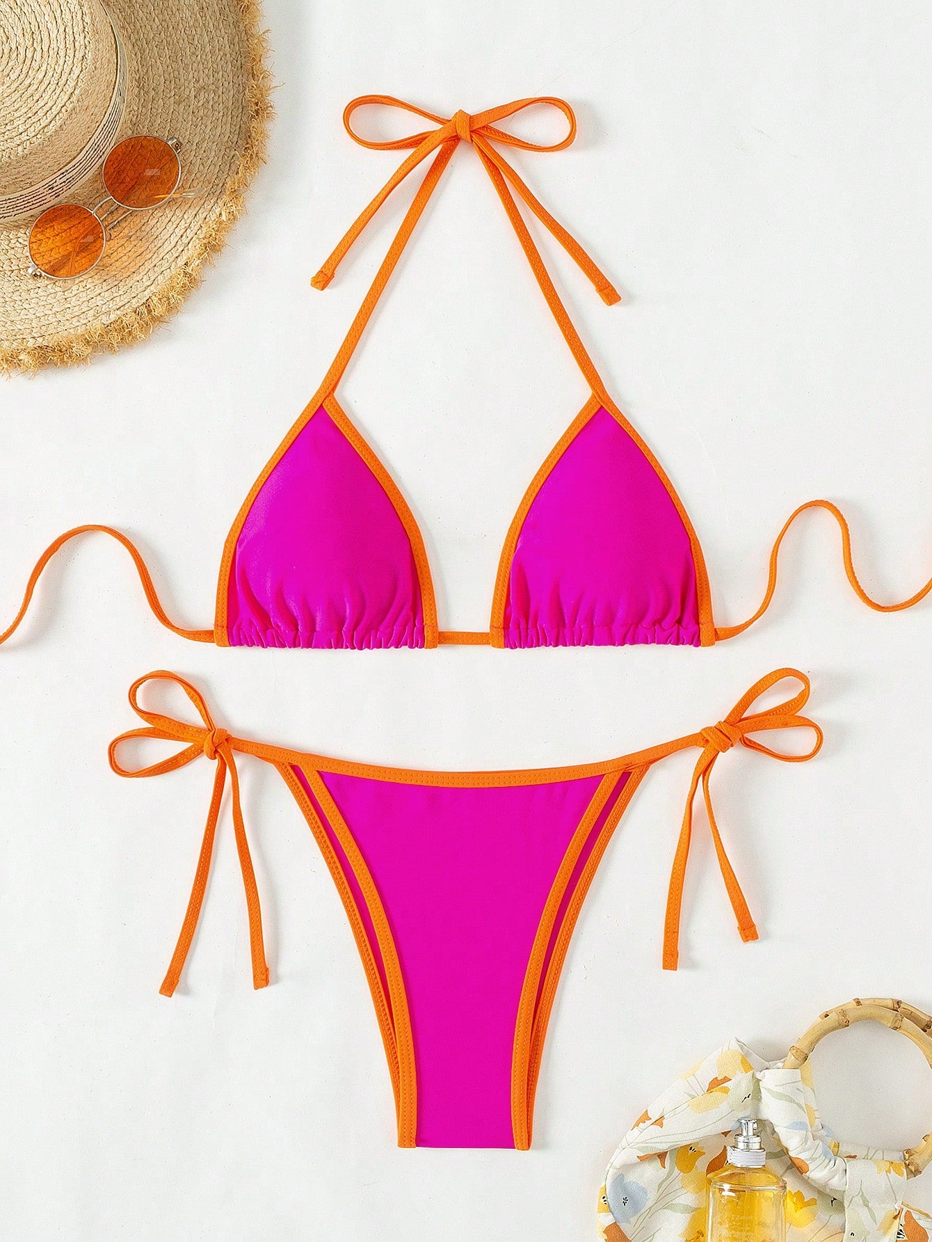 Swim Ladies Contrast Color Halter Strap Simple And Fashionable Bikini Separates Swimming Suit For Vacation, Summer Beach