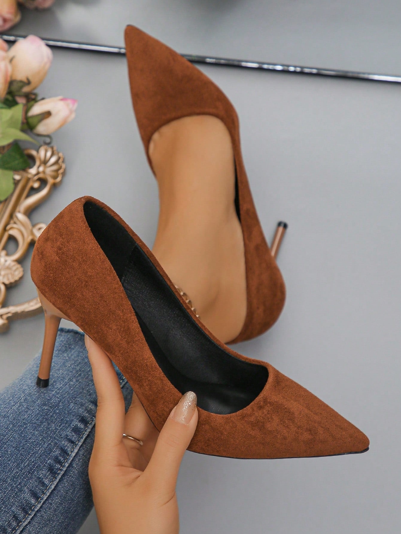 2023 New Fashion Thin Heel Pointed High Heels, Comfortable & Large Size For Work & Commute, Versatile Suede Pumps, Sexy Shallow Mouth Women's High Heels