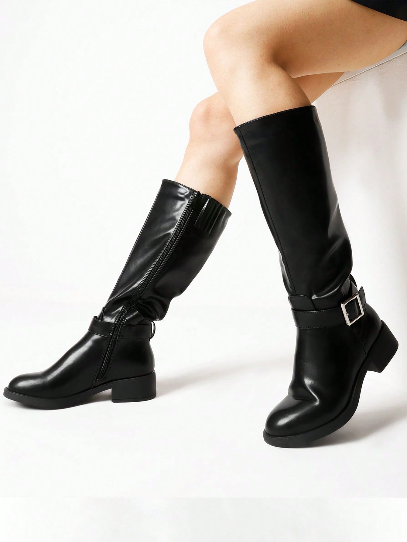 Women's Knee High Boots, Classic Riding Boots With Side Zipper, Comfortable Low Chunky Heel Boots For Women, Round-Toe PU Dressy Casual Tall Boots