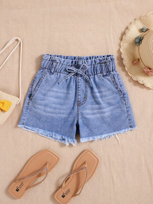 Tween Girl Spring Summer Boho Bowknot Elastic Waist Frayed Hem Soft Baggy Jeans Shorts, Summer Clothes Outfits