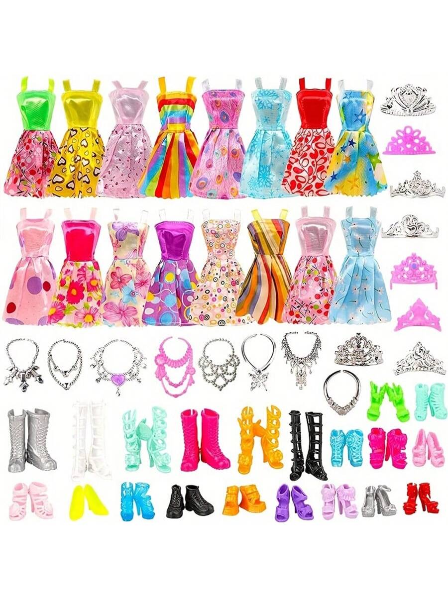 32pcs Doll Clothes And Accessories (10pcs Random Fashion Dresses + 10pcs Random Shoes + 6pcs Necklaces + 6pcs Crowns) For 11-Inch Dolls