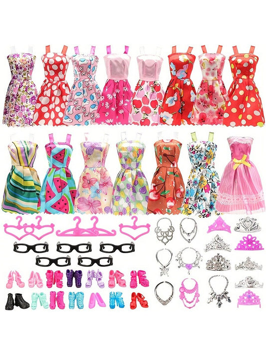 42pcs Doll Clothes And Accessories Set (10pcs/Set Fashionable Random Dresses + 10pairs/Set Random Shoes + 6pcs/Set Necklaces + 6pcs/Set Crowns + 5pcs/Set Glasses + 5pcs/Set Random Hangers) For 11-Inch Dolls