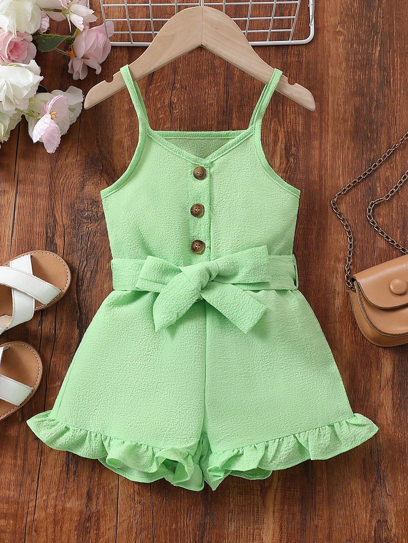 Young Girl Ruffle Hem Belted Cami Romper