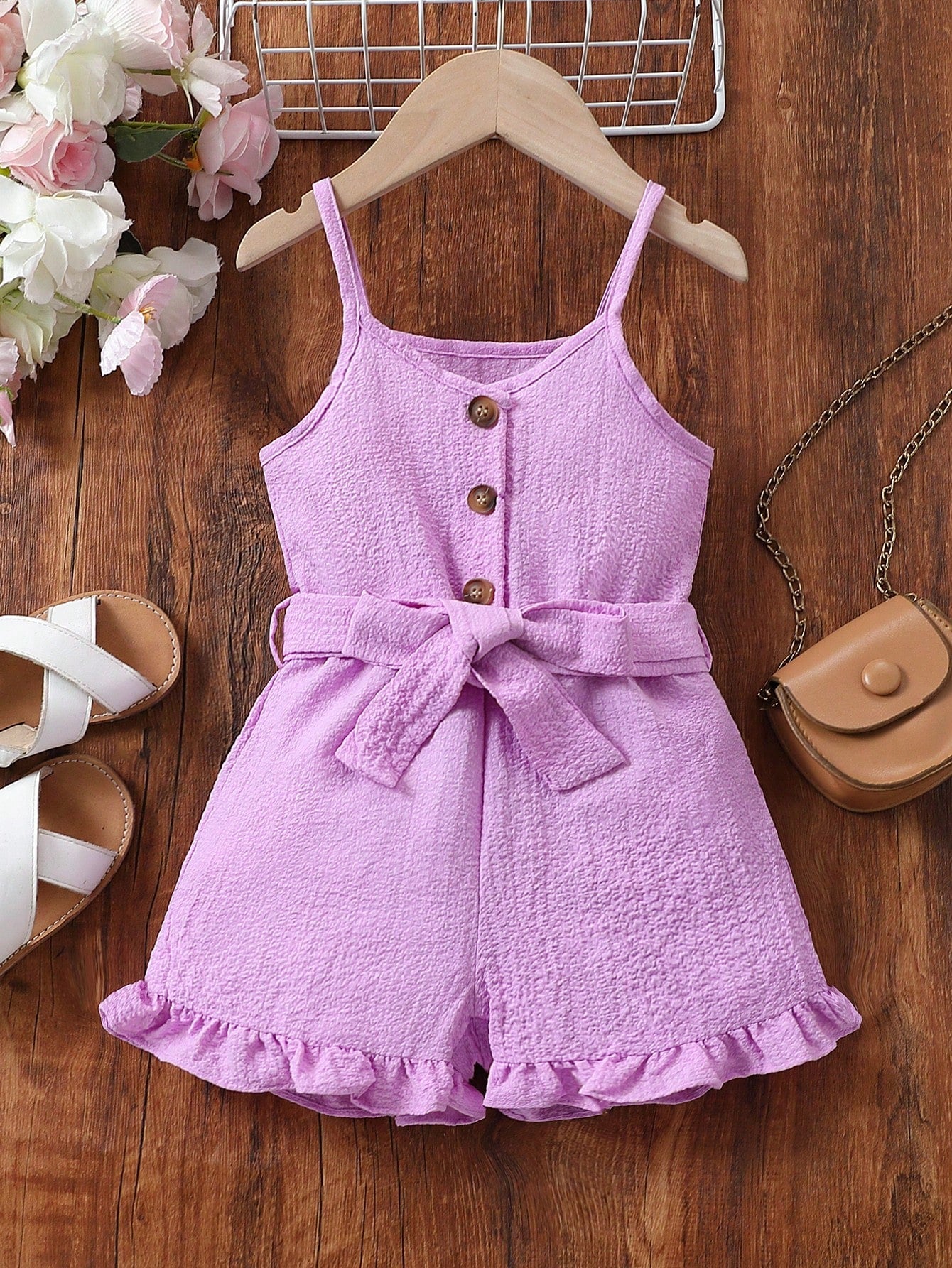 Young Girl Ruffle Hem Belted Cami Romper