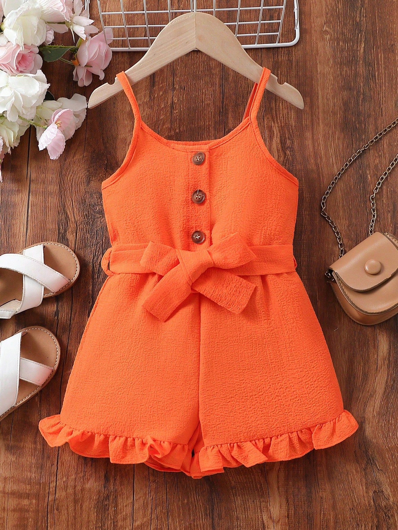 Young Girl Ruffle Hem Belted Cami Romper