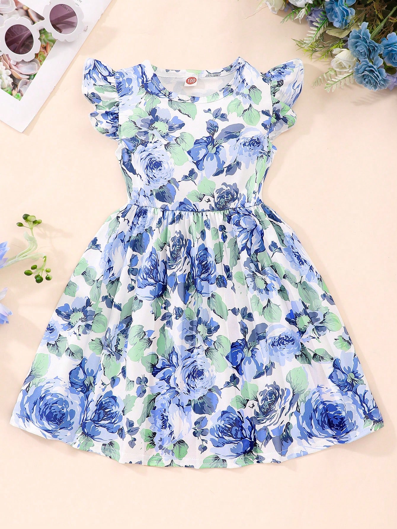 Young Girl Floral Print Ruffle Hemmed Dress