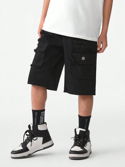 Cool Streetwear Y2k Denim Shorts For Tween Boys, Casual Sporty Style With Multiple Pockets, Loose Fit, Elastic Waistband And Chain Decor